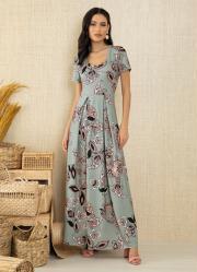 Vestido Paisley Cinza Longo com Pregas