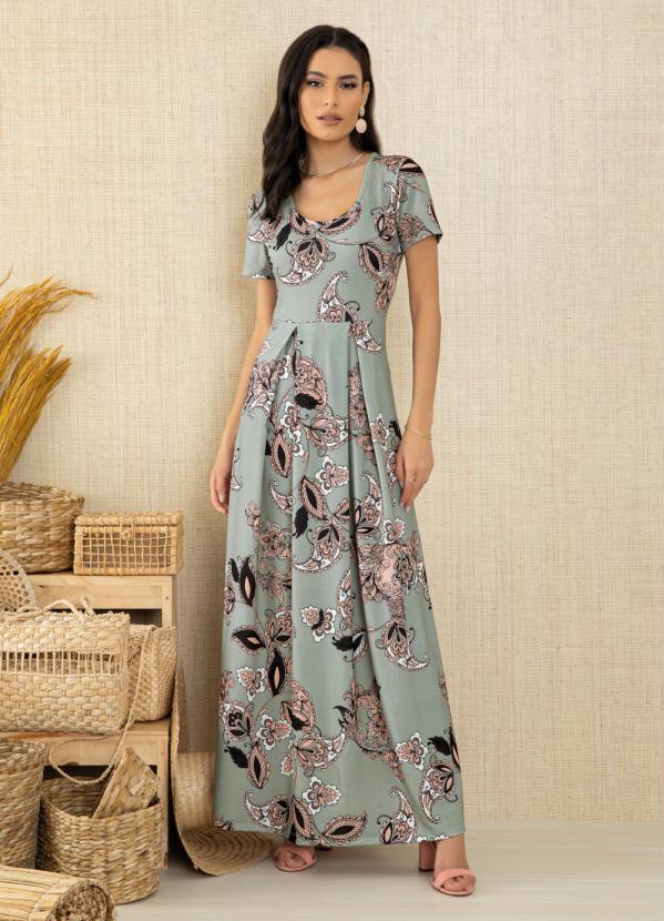 Vestido (Paisley Cinza) Longo com Pregas