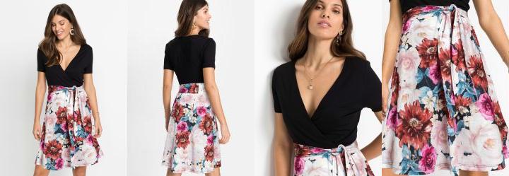 Vestido com Amarra��o Preto e Floral Branco