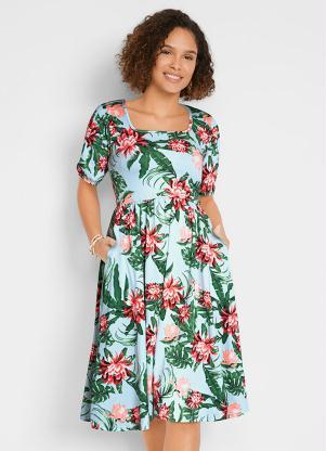 Vestido com Bolsos Decote Quadrado (Floral Verde)