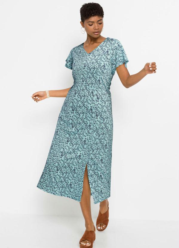 Vestido Decote V Manga Curta (Floral Azul)