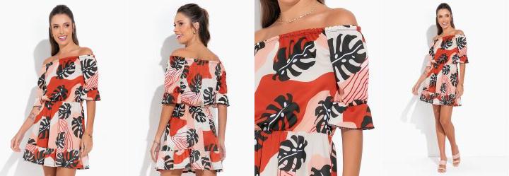 Vestido Folhagem Decote Ombro a Ombro e Babados