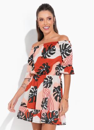 Vestido (Folhagem) Decote Ombro a Ombro e Babados