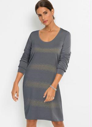 Vestido Manga Longa Estampado (Cinza)