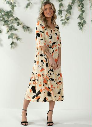 Vestido (Abstrato Amarelo) Midi com Babado