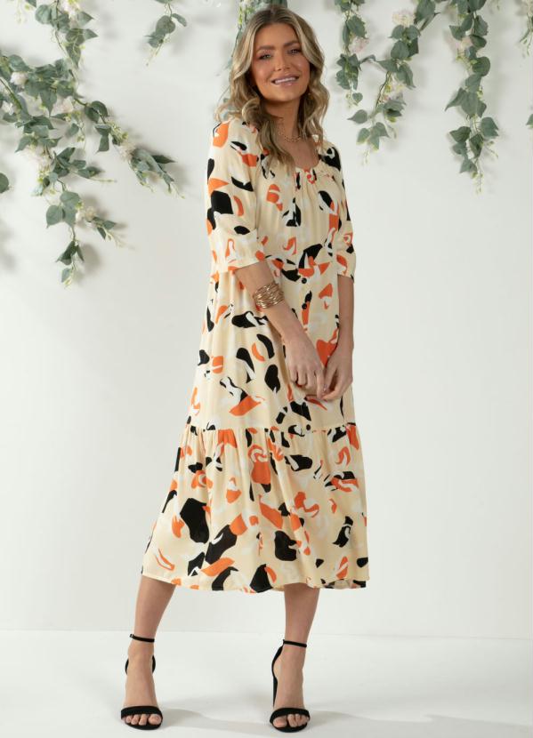 Vestido (Abstrato Amarelo) Midi com Babado