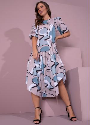 Vestido (Abstrato Bege) com Recorte Assim�trico