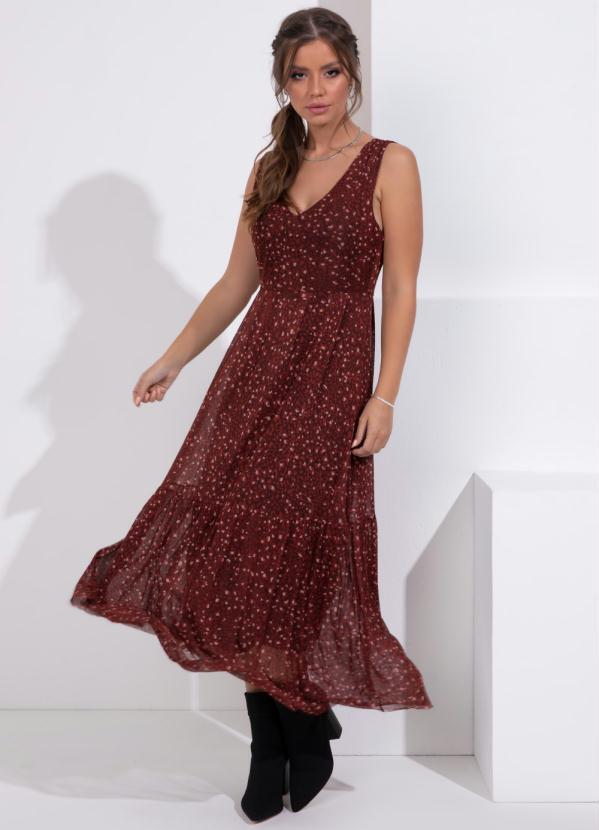 Vestido (Animal Print) Decote V e Babado na Barra