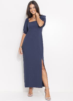 Vestido (Azul Marinho) em Viscose Plana Sarjada