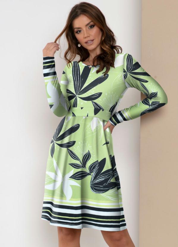 Vestido (Barrado Verde) com Mangas Longas Vestido (Barrado Verde) com Mangas Longas