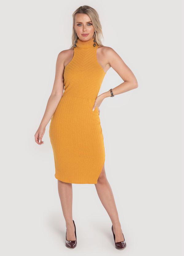 vestido midi amarelo mostarda