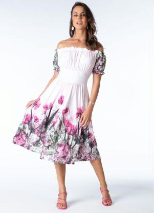 Vestido Ciganinha (Barrado Rosa) Acinturado Vestido Ciganinha (Barrado Rosa) Acinturado