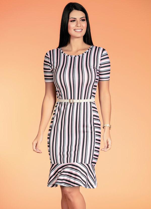 Vestido com Babado (Listrado Rosa) Moda Evang�lica