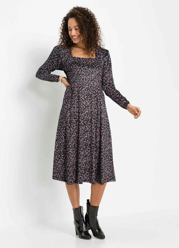 Vestido com Decote Quadrado (Floral Preto)