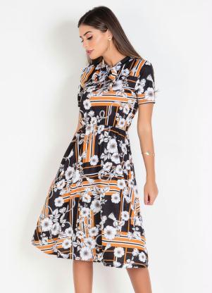 Vestido com Gola La�o (Floral) Moda Evang�lica