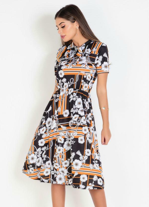 Vestido com Gola La�o (Floral) Moda Evang�lica