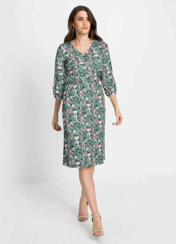Vestido com Mangas 7/8 (Floral Verde)