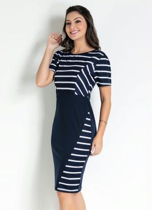 Vestido com Recorte (Listras Azul) Moda Evang�lica