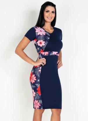 Vestido com Recortes (Floral Azul) Moda Evang�lica
