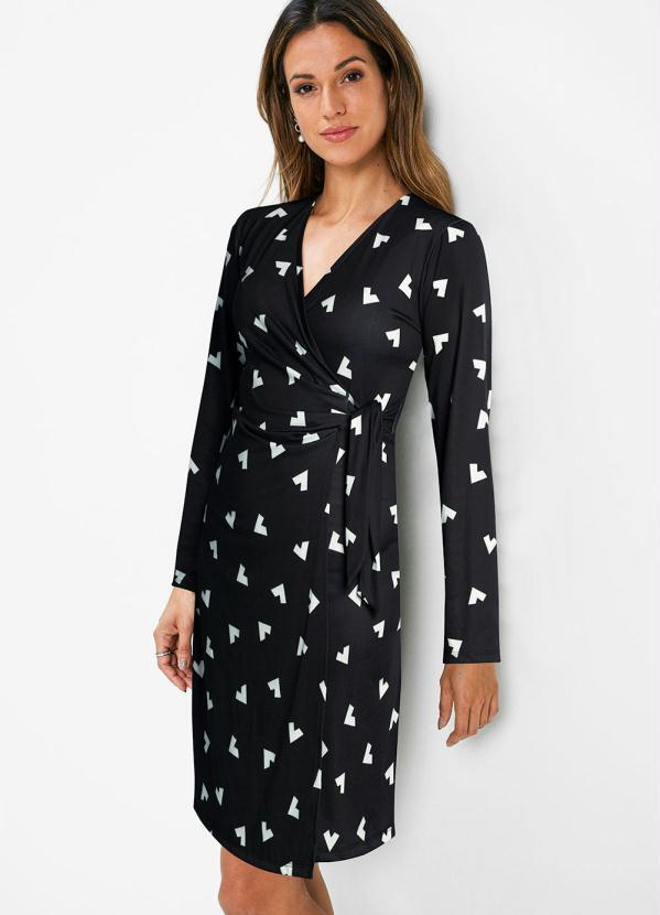 Vestido Decote Transpassado (Preto/Branco)