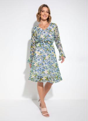 Vestido Decote V (Floral Azul)