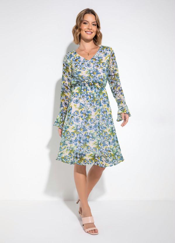 Vestido Decote V (Floral Azul)