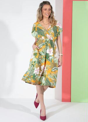 Vestido (Floral Amarelo) Decote com Transpasse