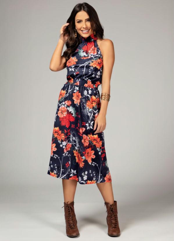 Vestido (Floral Azul) com Barra Assim�trica