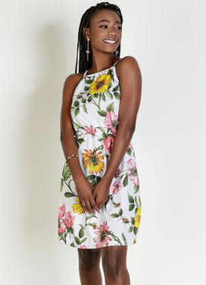 Vestido (Floral Branco) com El�stico na Cintura