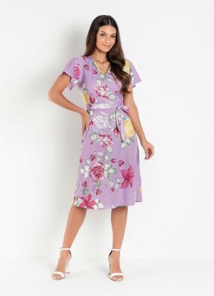 Vestido (Floral Lil�s) com Faixa Moda Evang�lica