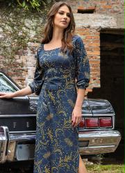 Vestido Floral Marinho com Fendas