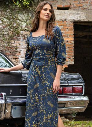 Vestido (Floral Marinho) com Fendas