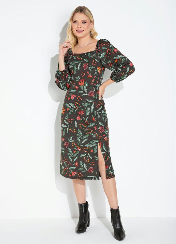 Vestido (Floral Preto) com Fenda e Manga Bufante