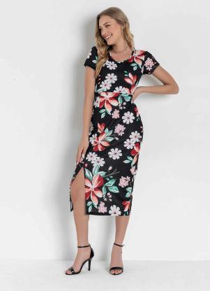 Vestido (Floral Preto) com Fenda