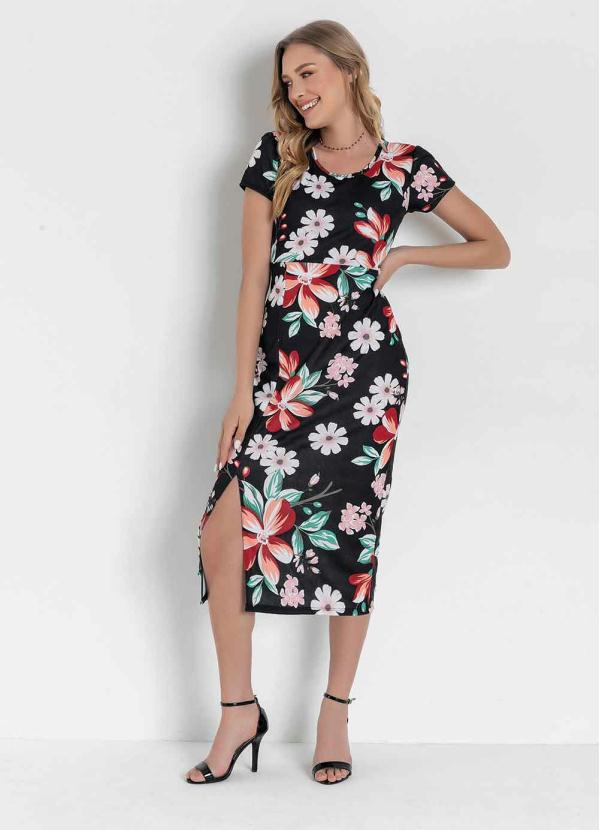 Vestido (Floral Preto) com Fenda