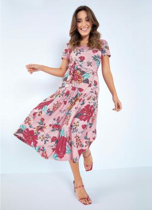 Vestido (Floral Rosa) com Faixa Moda Evang�lica