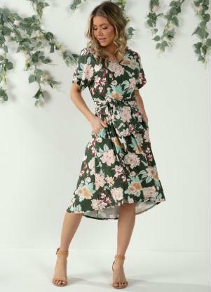 Vestido (Floral Verde) com Bolsos e Faixa