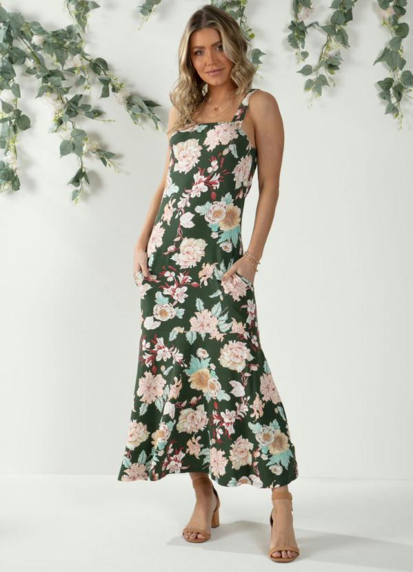 Vestido (Floral Verde) com Recorte Formando Babado