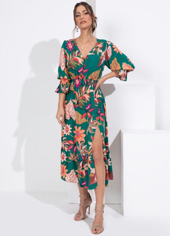 Vestido (Floral Verde) Decote V com Babado e Fenda Vestido (Floral Verde) Decote V com Babado e Fenda