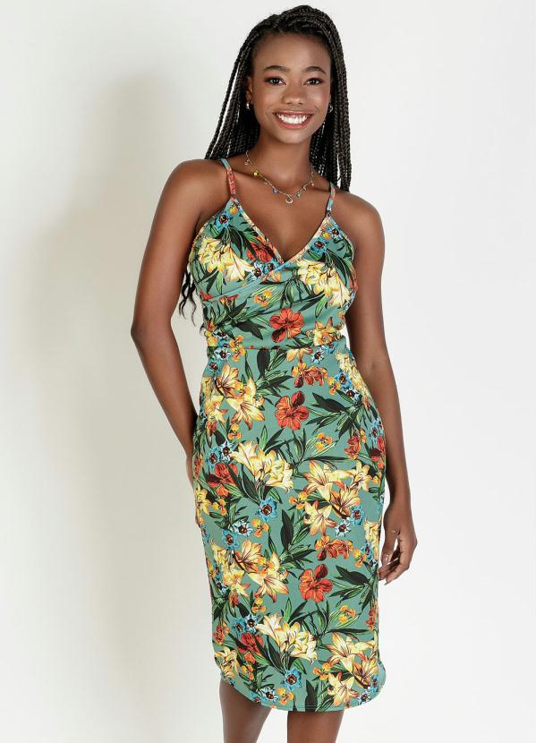 Vestido (Floral Verde) Modelo Tubinho com Al�as
