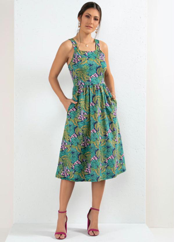 Vestido (Folhagem Verde) de Al�as com Bolsos