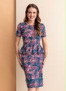 Vestido Folhas Marinho Peplum