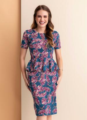 Vestido (Folhas Marinho) Peplum