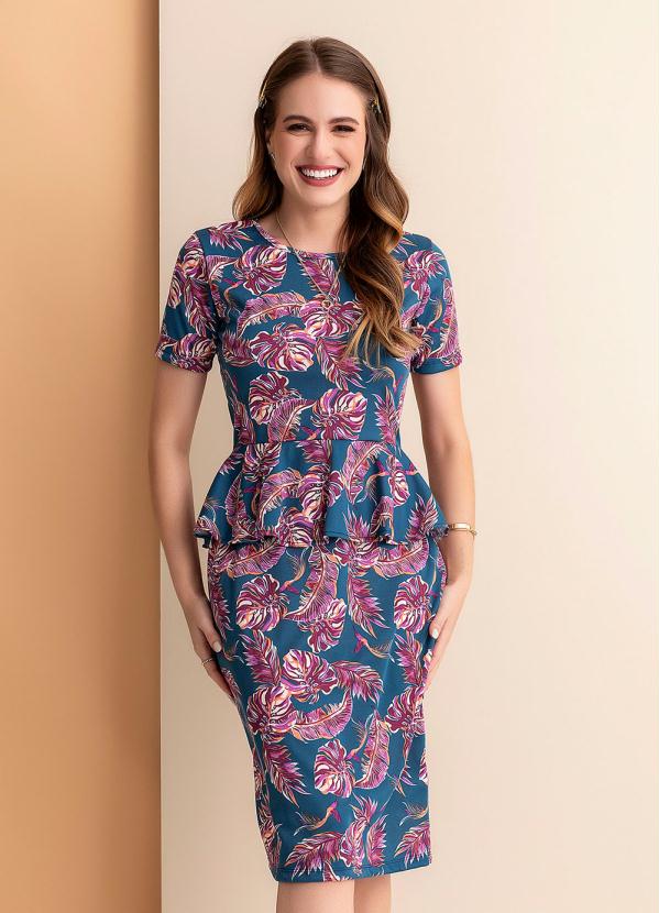 Vestido (Folhas Marinho) Peplum