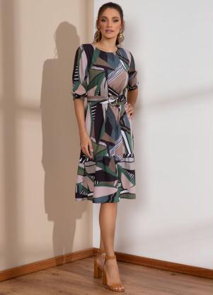 Vestido (Folhas Verdes) com Babado e Faixa