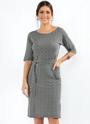 Vestido (Geométrico Preto) com Bolsos e Faixa Vestido (Geométrico Preto) com Bolsos e Faixa