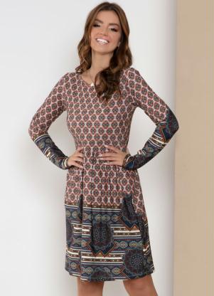 Vestido (Geom�trico Vermelho) com Mangas Longas