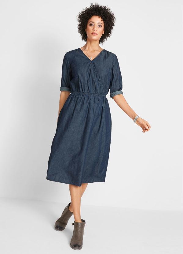 Vestido Jeans Midi Transpassado (Azul Escuro)