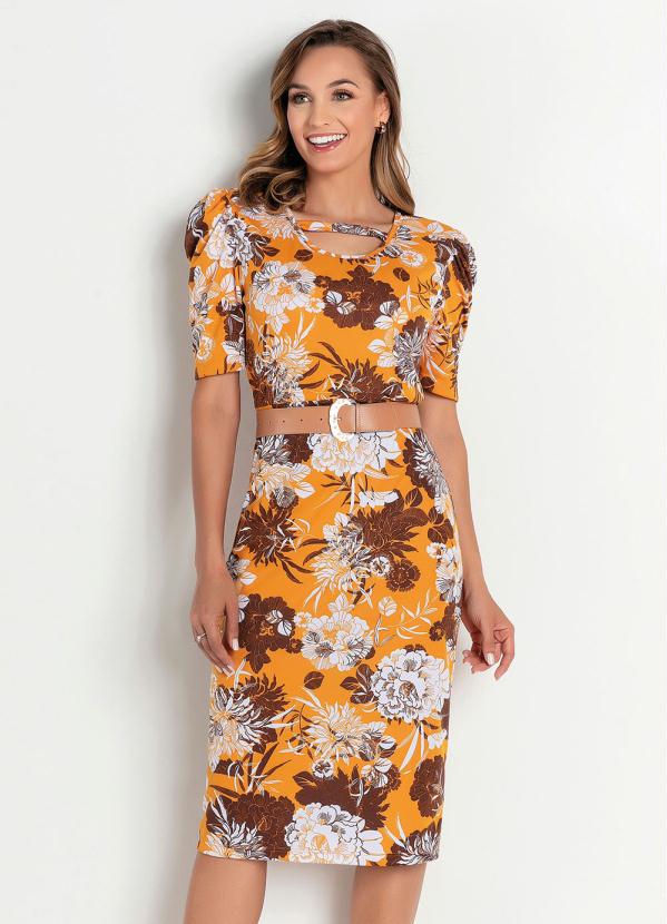 Vestido Justo (Floral Mostarda) Moda Evang�lica