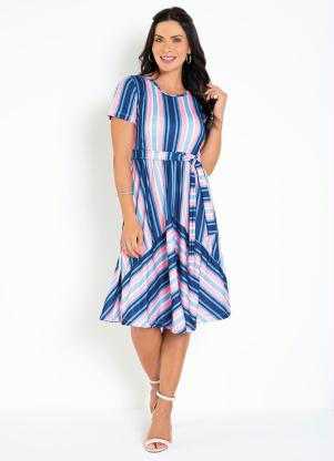 Vestido (Listra Azul) com Faixa Moda Evangélica Vestido (Listra Azul) com Faixa Moda Evangélica